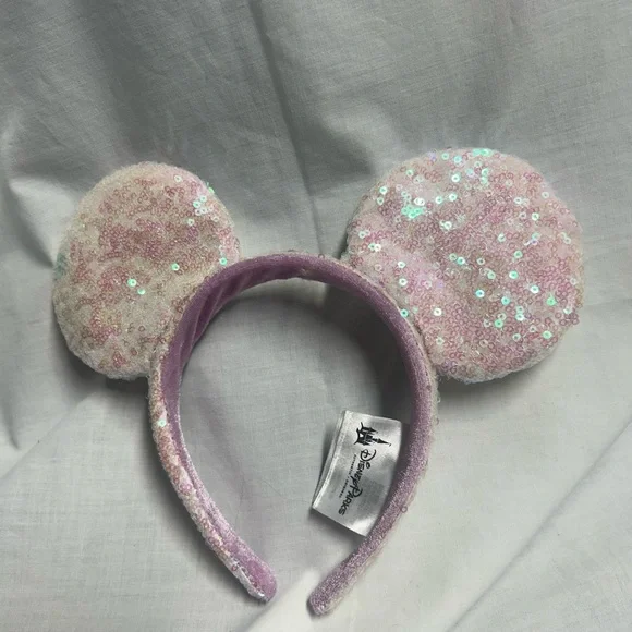 Disney Parks Sequin Headband Shimmery Mouse Ears White Light Pink Sequins - Picture 2 of 9